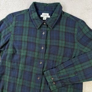 LL Bean Flannel Shirt Women Medium Green Blue Tartan Plaid Long Sleeve Button Up